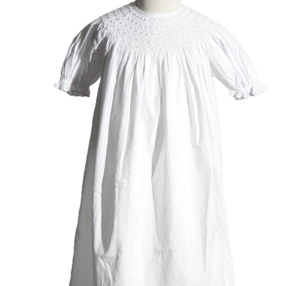 White Geometric Smocked with Pearls Short Bishop Sleeve Dress