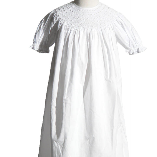 White Geometric Smocked with Pearls Short Bishop Sleeve Dress