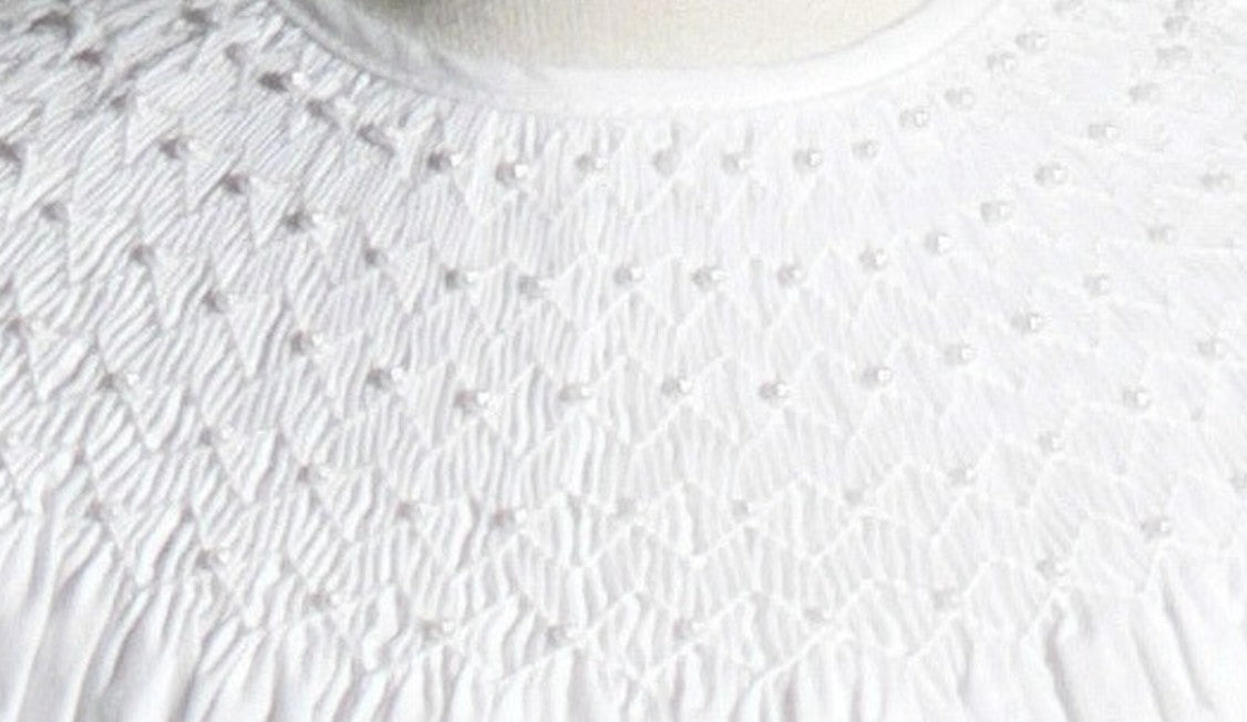 White Geometric Smocked with Pearls Short Bishop Sleeve Dress