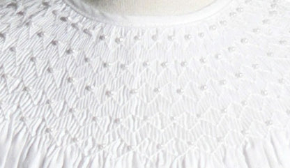White Geometric Smocked with Pearls Short Bishop Sleeve Dress