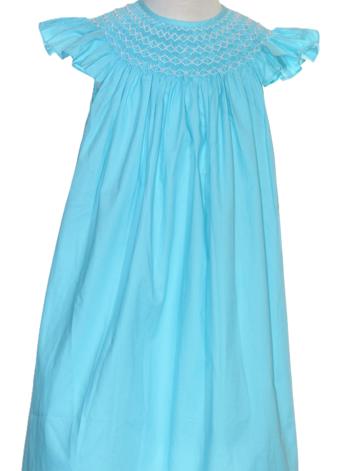 Blue Geo Smocked With Pearls Angel Wing Sleeve Bishop Dress