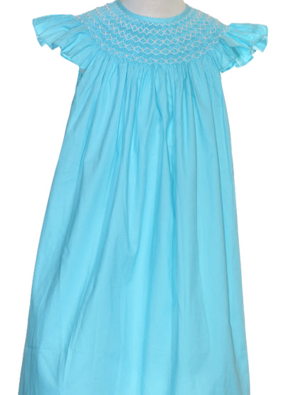 Blue Geo Smocked With Pearls Angel Wing Sleeve Bishop Dress