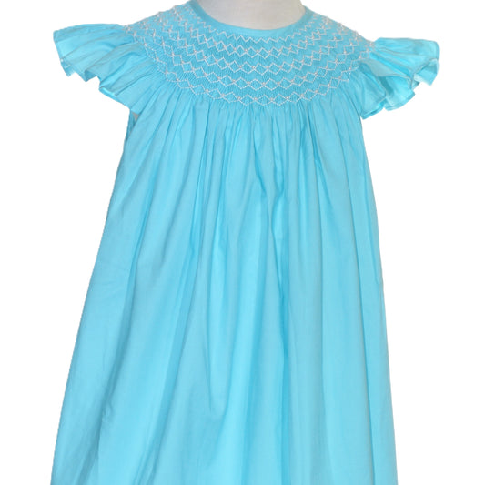 Blue Geo Smocked With Pearls Angel Wing Sleeve Bishop Dress