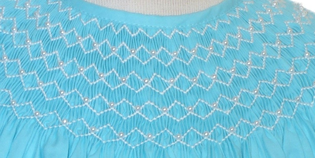 Blue Geo Smocked With Pearls Angel Wing Sleeve Bishop Dress
