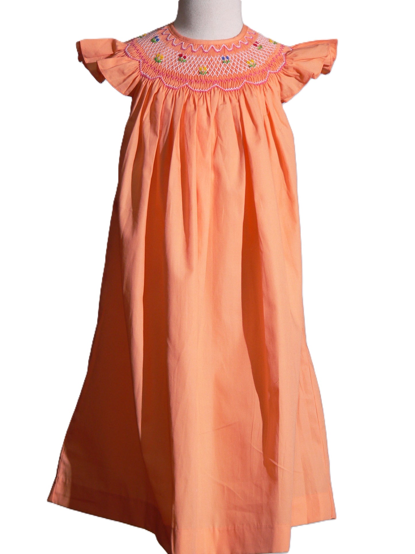 Orange Geometric Smocked With Flowers Angle Wing Sleeve Dress