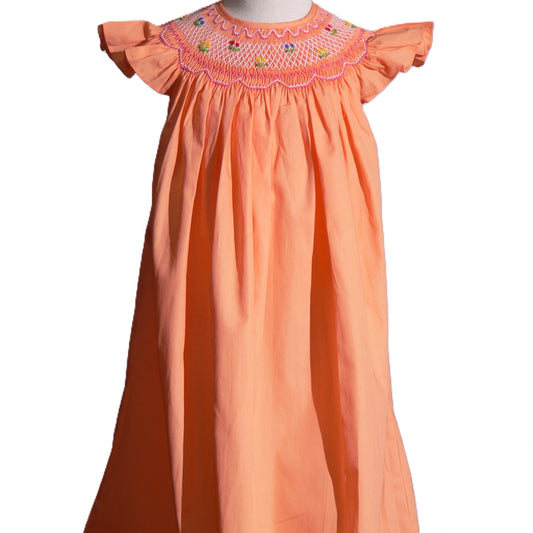 Orange Geometric Smocked With Flowers Angle Wing Sleeve Dress