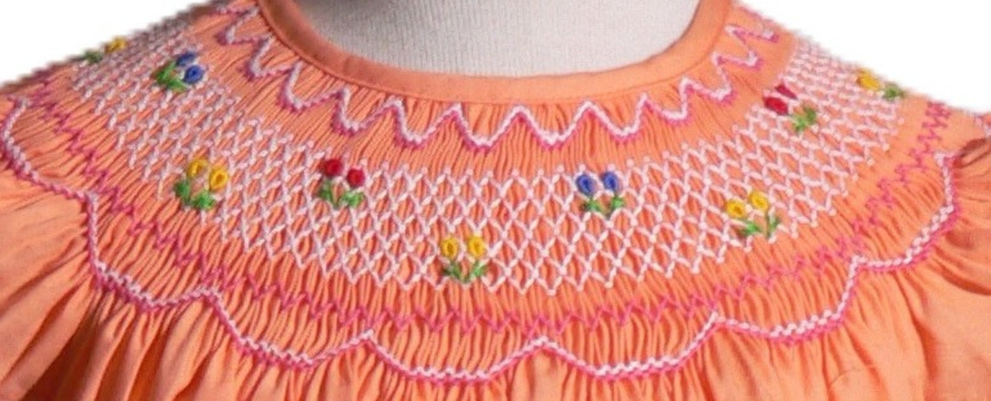 Orange Geometric Smocked With Flowers Angle Wing Sleeve Dress