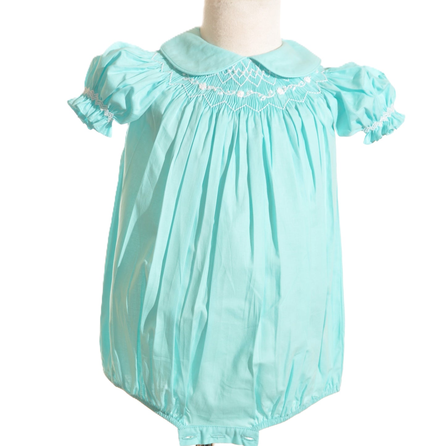 Turquoise Geo Smocked With Flowers Short Sleeve Bubble