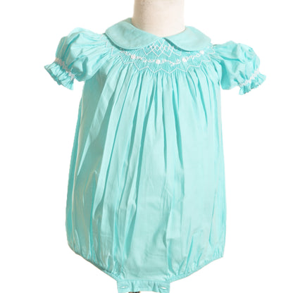 Turquoise Geo Smocked With Flowers Short Sleeve Bubble