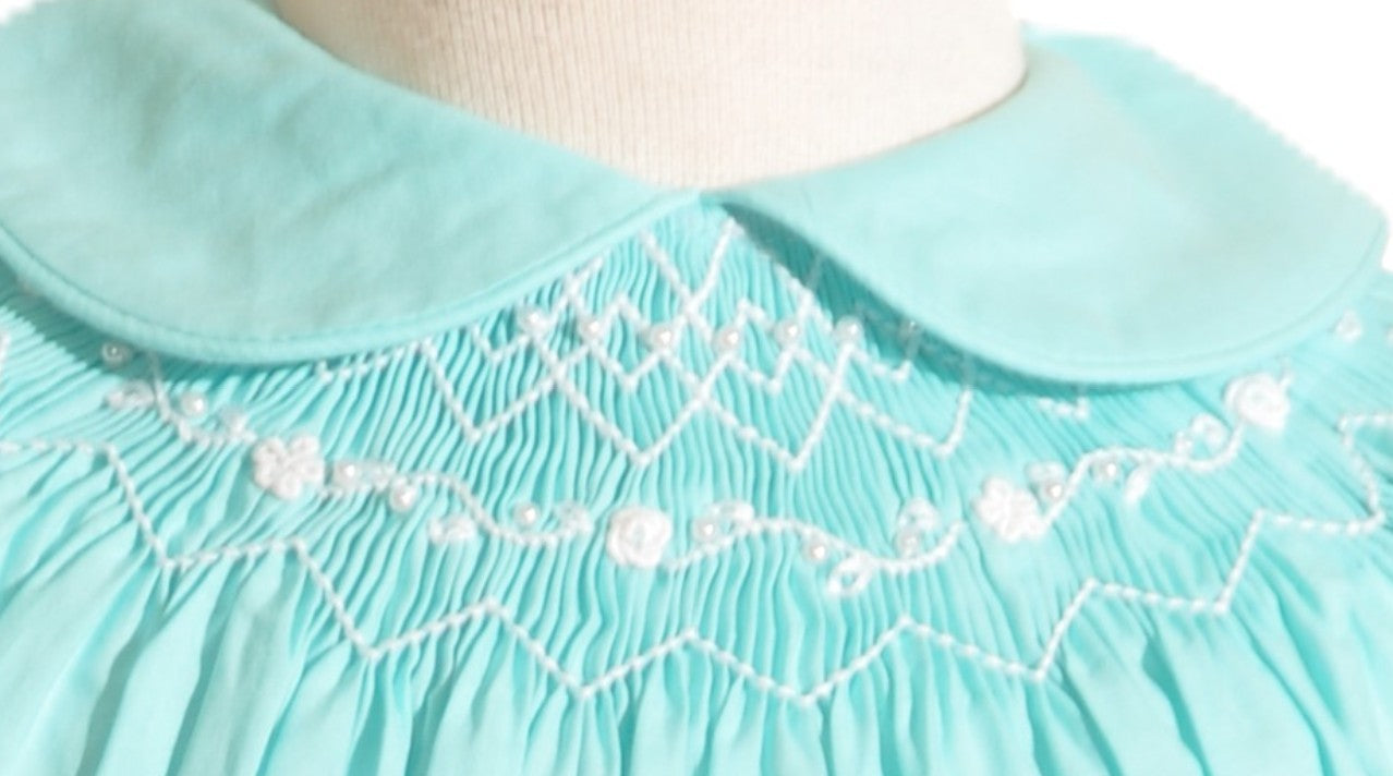 Turquoise Geo Smocked With Flowers Short Sleeve Bubble