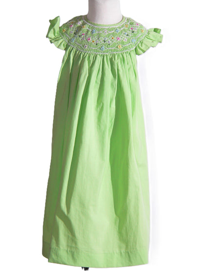 Green Geo Smocked With Flowers Angel Wing Sleeve Dress