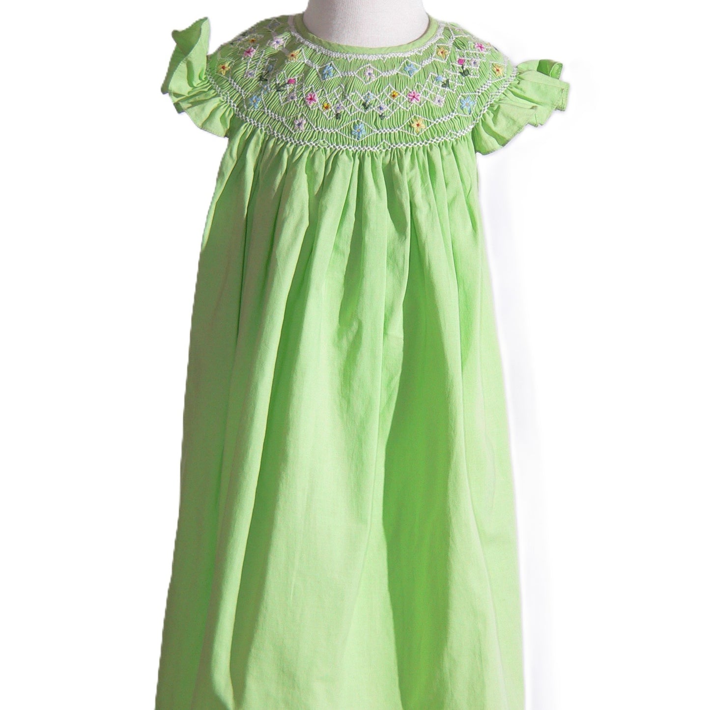 Green Geo Smocked With Flowers Angel Wing Sleeve Dress