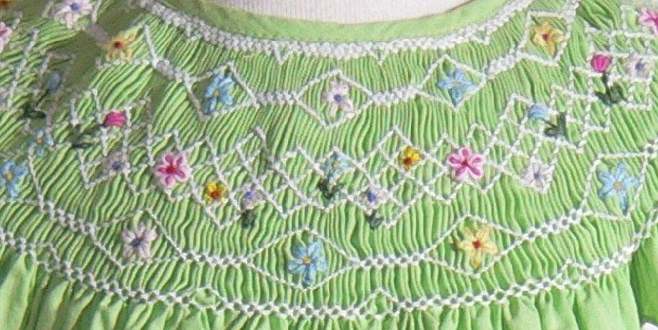 Green Geo Smocked With Flowers Angel Wing Sleeve Dress