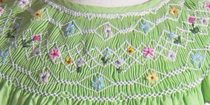 Green Geo Smocked With Flowers Angel Wing Sleeve Dress