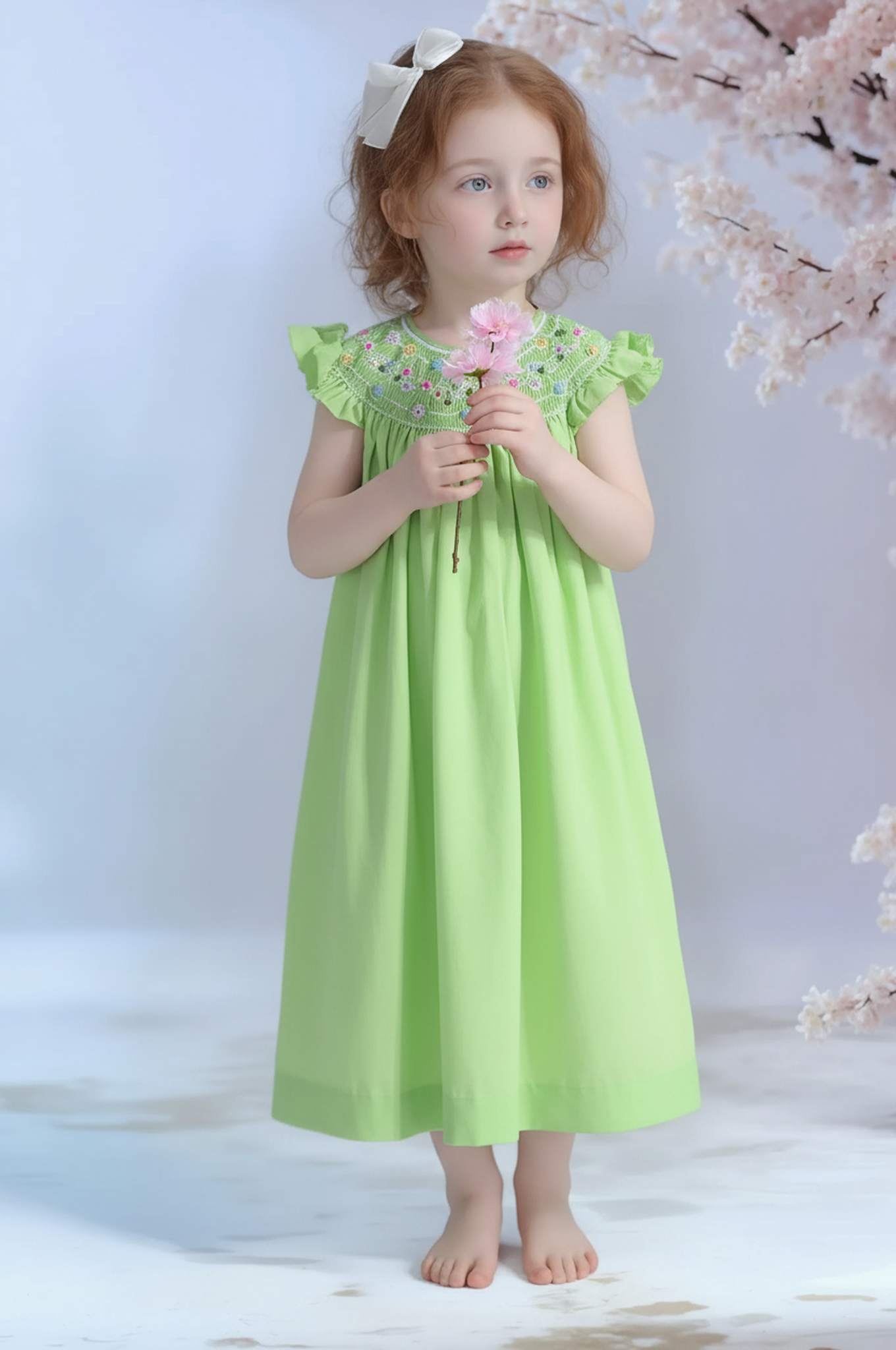 Green Geo Smocked With Flowers Angel Wing Sleeve Dress