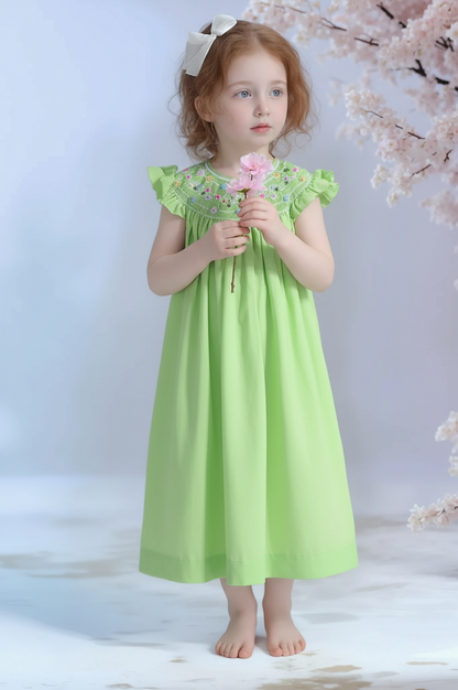 Green Geo Smocked With Flowers Angel Wing Sleeve Dress