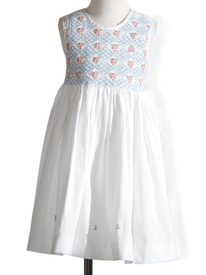 White Geometric Smocked with Roses Sleeveless Dress