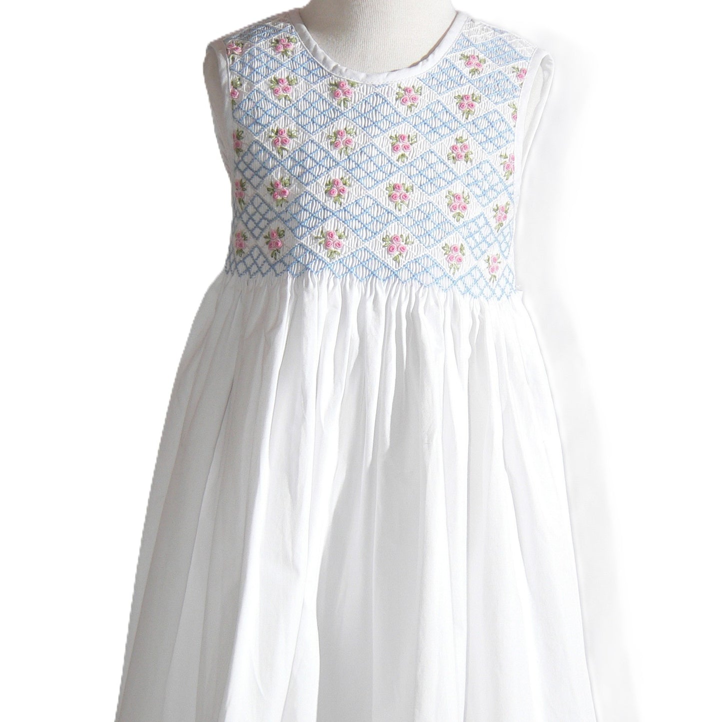 White Geometric Smocked with Roses Sleeveless Dress