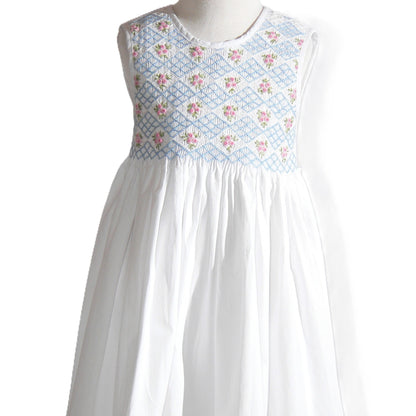 White Geometric Smocked with Roses Sleeveless Dress