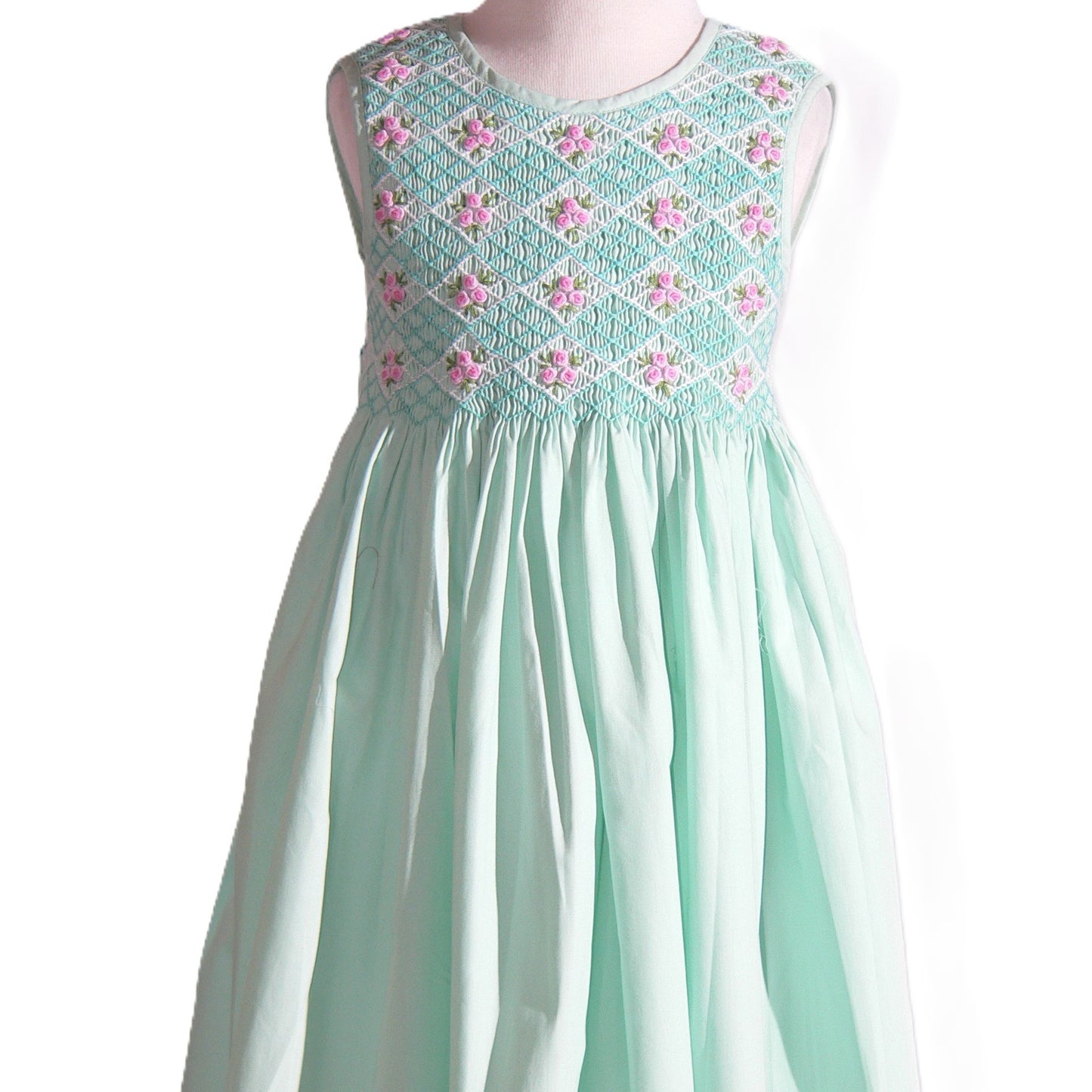 Mint Geometric Smocked with Roses Sleeveless Dress