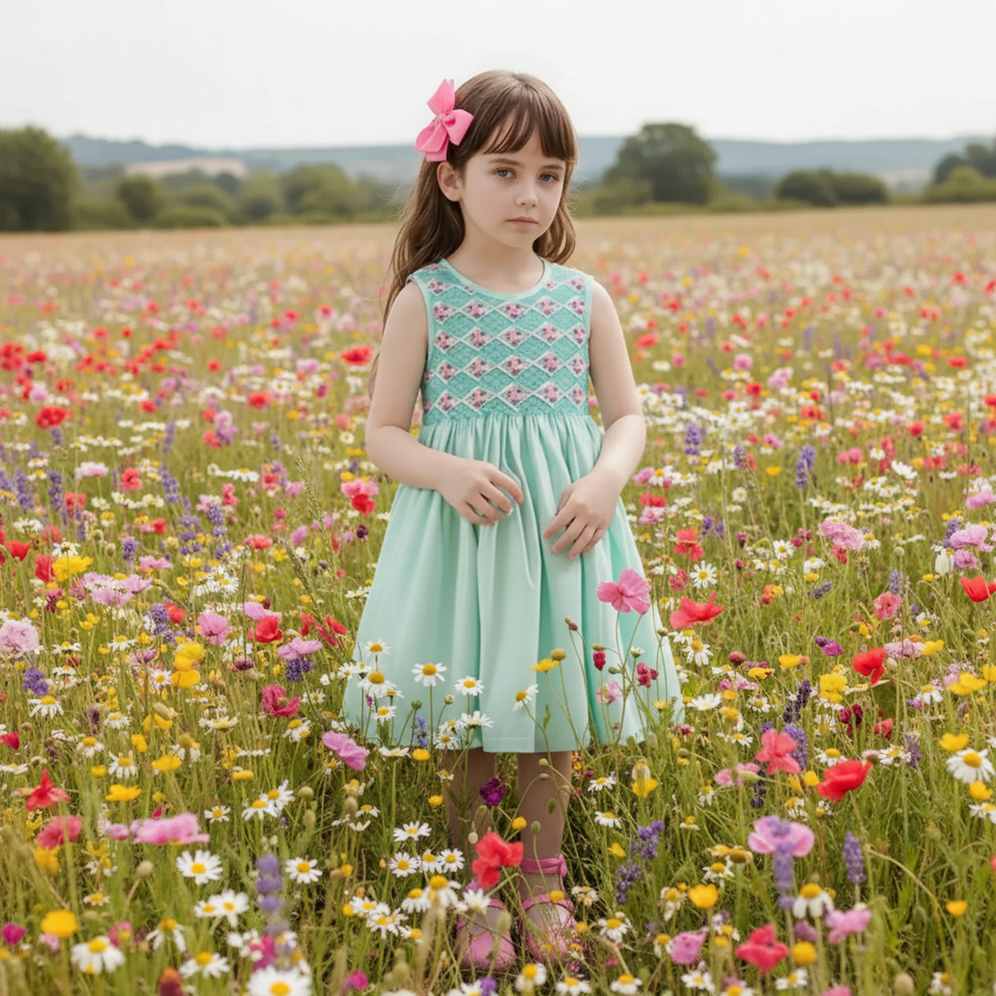 Mint Geometric Smocked with Roses Sleeveless Dress