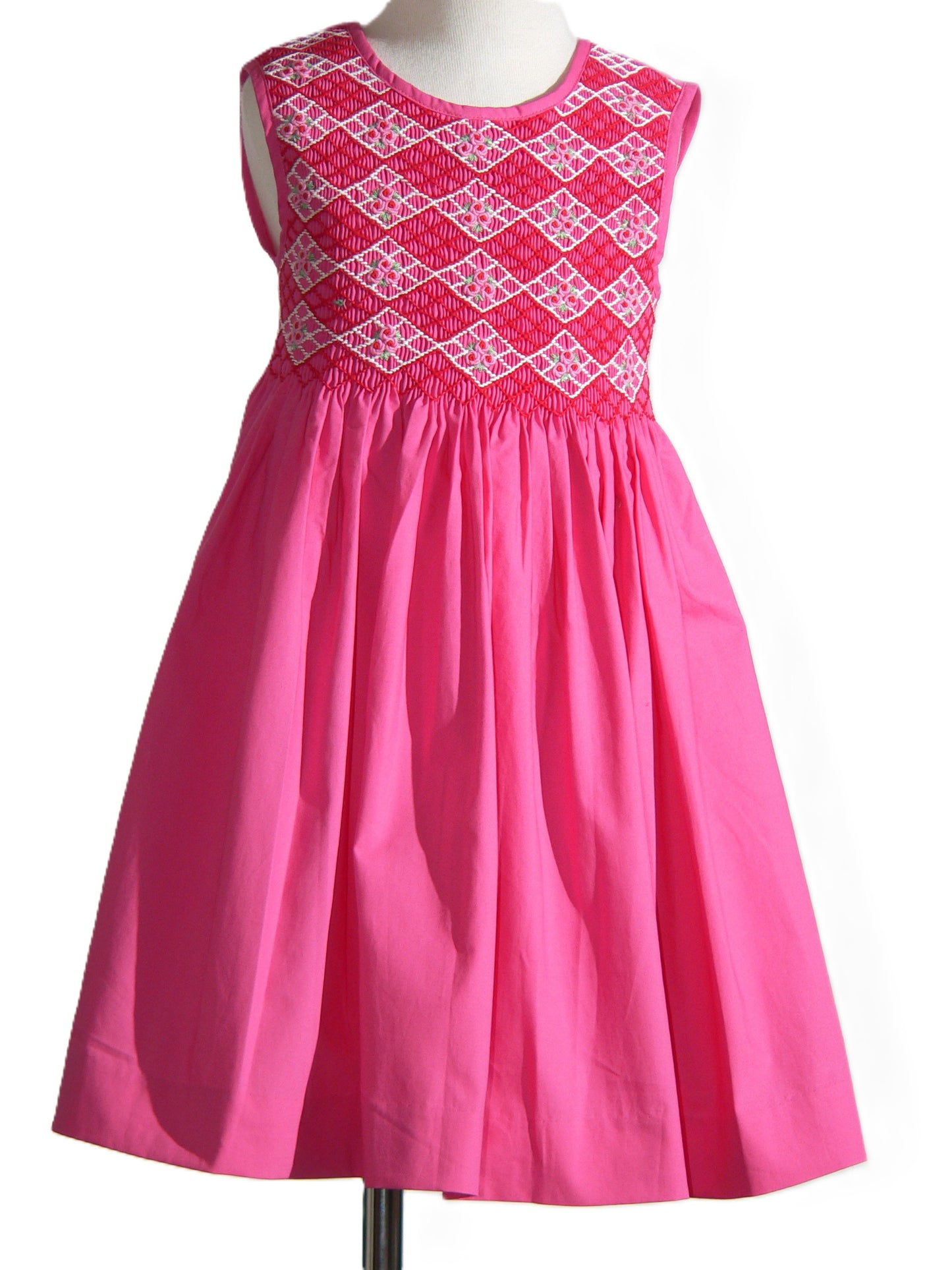 Fuchsia Geometric Smocked with Roses Sleeveless Dress