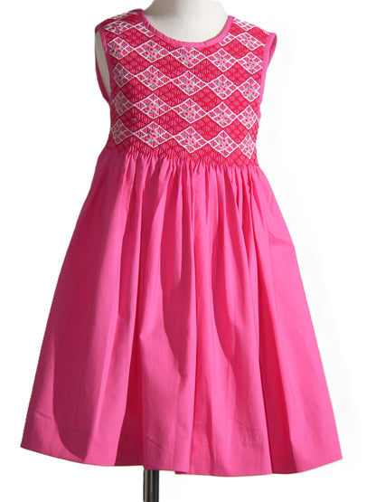 Fuchsia Geometric Smocked with Roses Sleeveless Dress