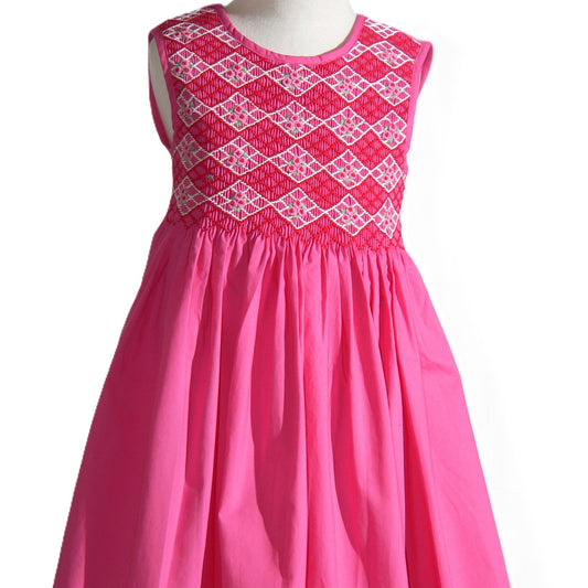 Fuchsia Geometric Smocked with Roses Sleeveless Dress