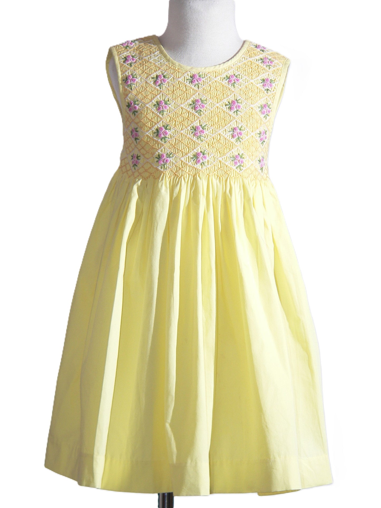 Yellow Geometric Smocked with Roses Sleeveless Dress