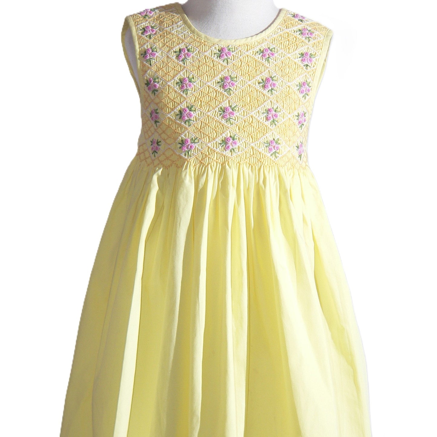 Yellow Geometric Smocked with Roses Sleeveless Dress