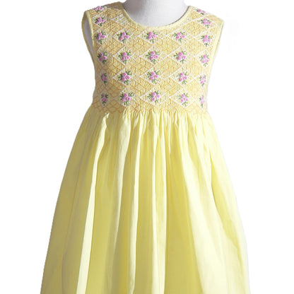 Yellow Geometric Smocked with Roses Sleeveless Dress