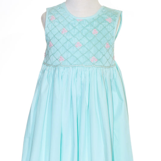 Mint Geometric Smocked with Flowers Sleeveless Dress
