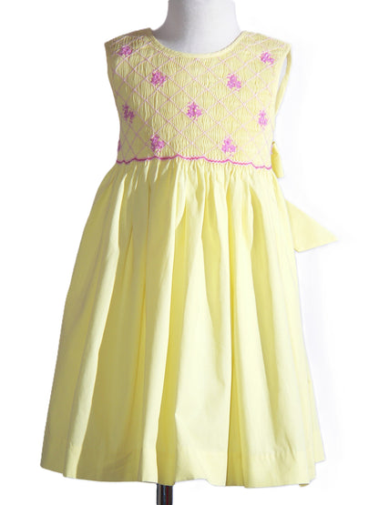 Yellow Geometric Smocked with Flowers Sleeveless Dress