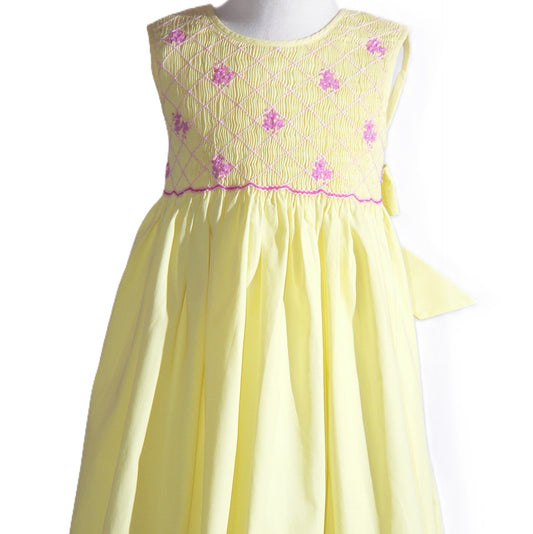 Yellow Geometric Smocked with Flowers Sleeveless Dress