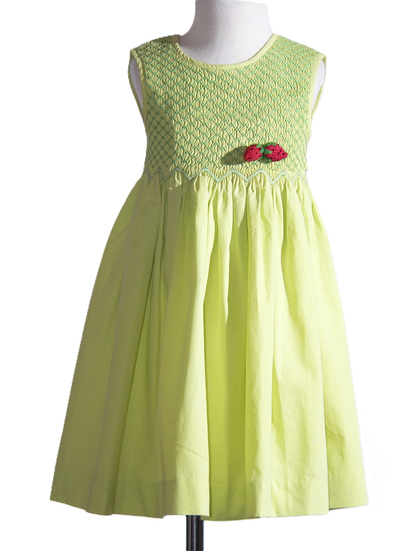 Green Geo Smocked With Strawberries Sleeveless Dress