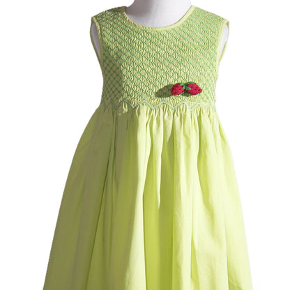 Green Geo Smocked With Strawberries Sleeveless Dress