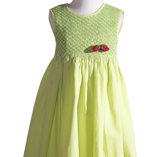 Green Geo Smocked With Strawberries Sleeveless Dress