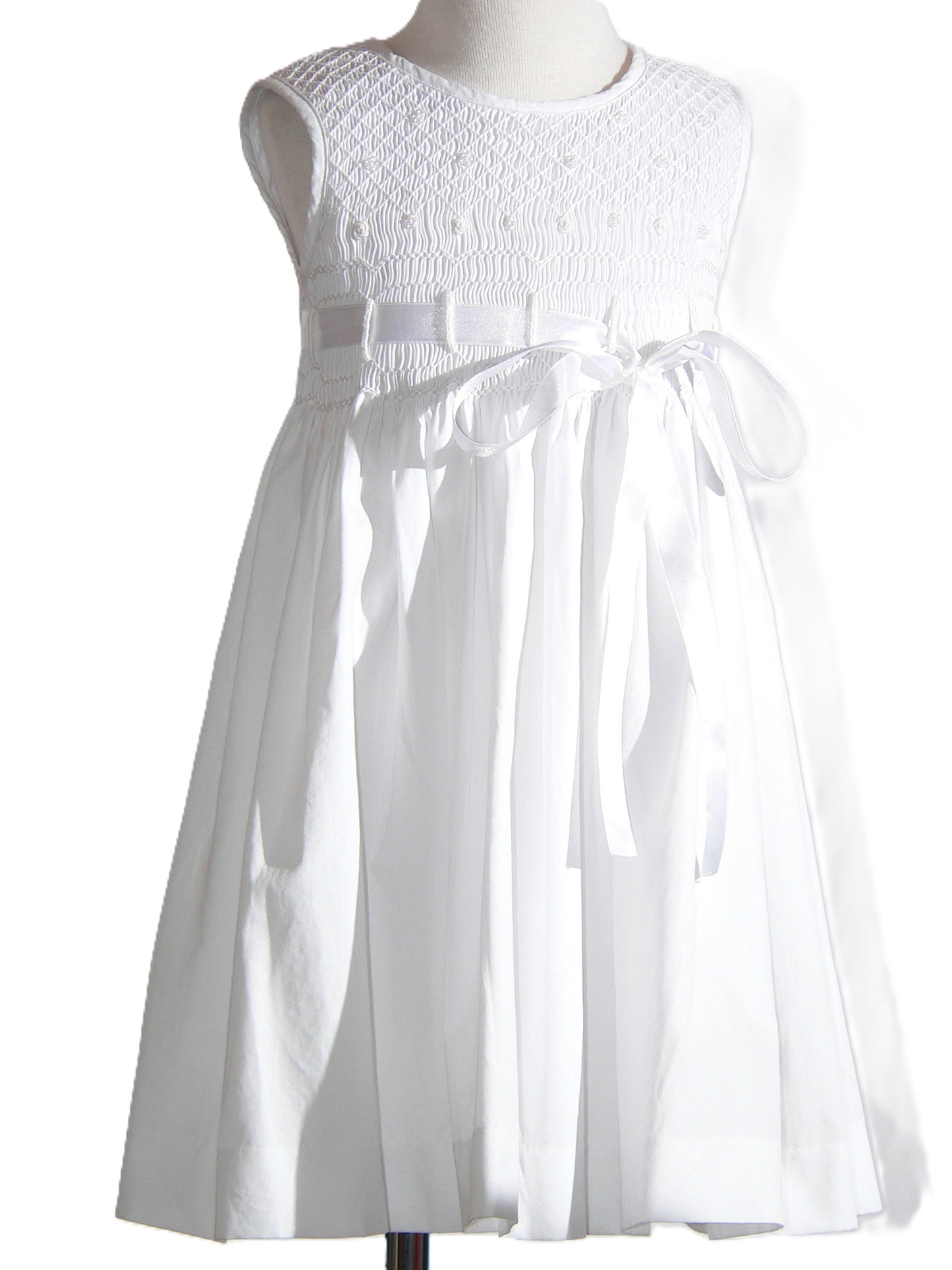 White Geometric Smocked with Pearls, Roses & Ribbon Sleeveless Dress