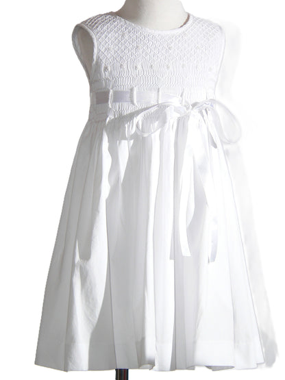 White Geometric Smocked with Pearls, Roses & Ribbon Sleeveless Dress