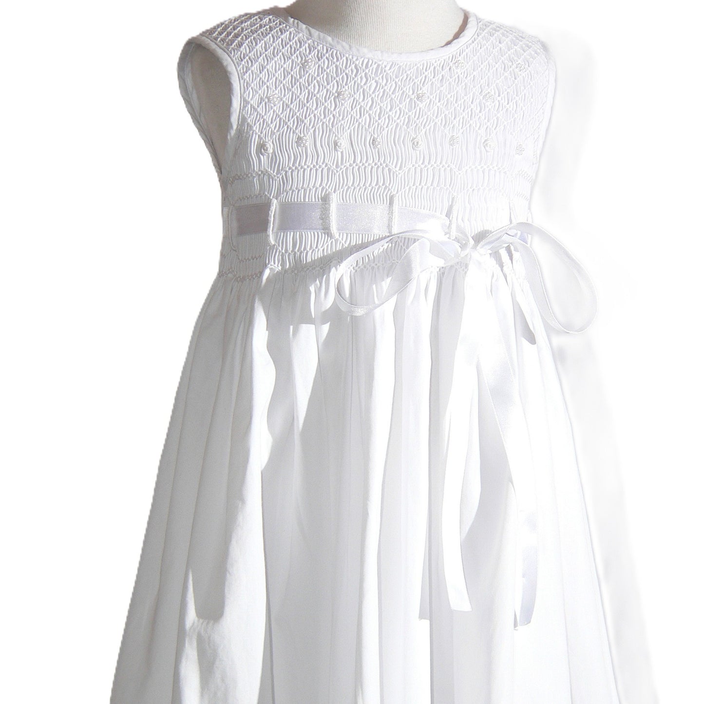 White Geometric Smocked with Pearls, Roses & Ribbon Sleeveless Dress