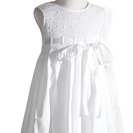 White Geometric Smocked with Pearls, Roses & Ribbon Sleeveless Dress
