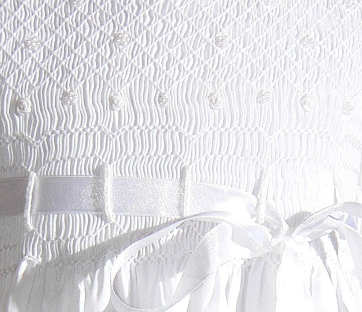 White Geometric Smocked with Pearls, Roses & Ribbon Sleeveless Dress