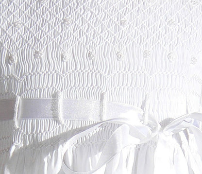 White Geometric Smocked with Pearls, Roses & Ribbon Sleeveless Dress
