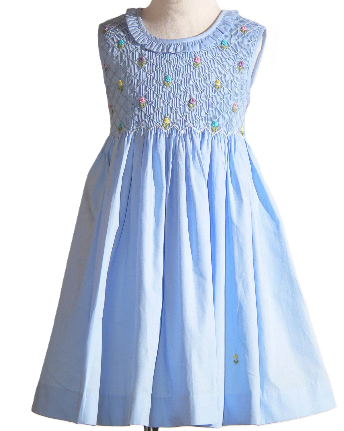 Blue Geometric Smocked with Multi Flowers Sleeveless Dress