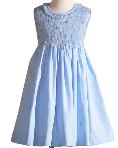 Blue Geometric Smocked with Multi Flowers Sleeveless Dress