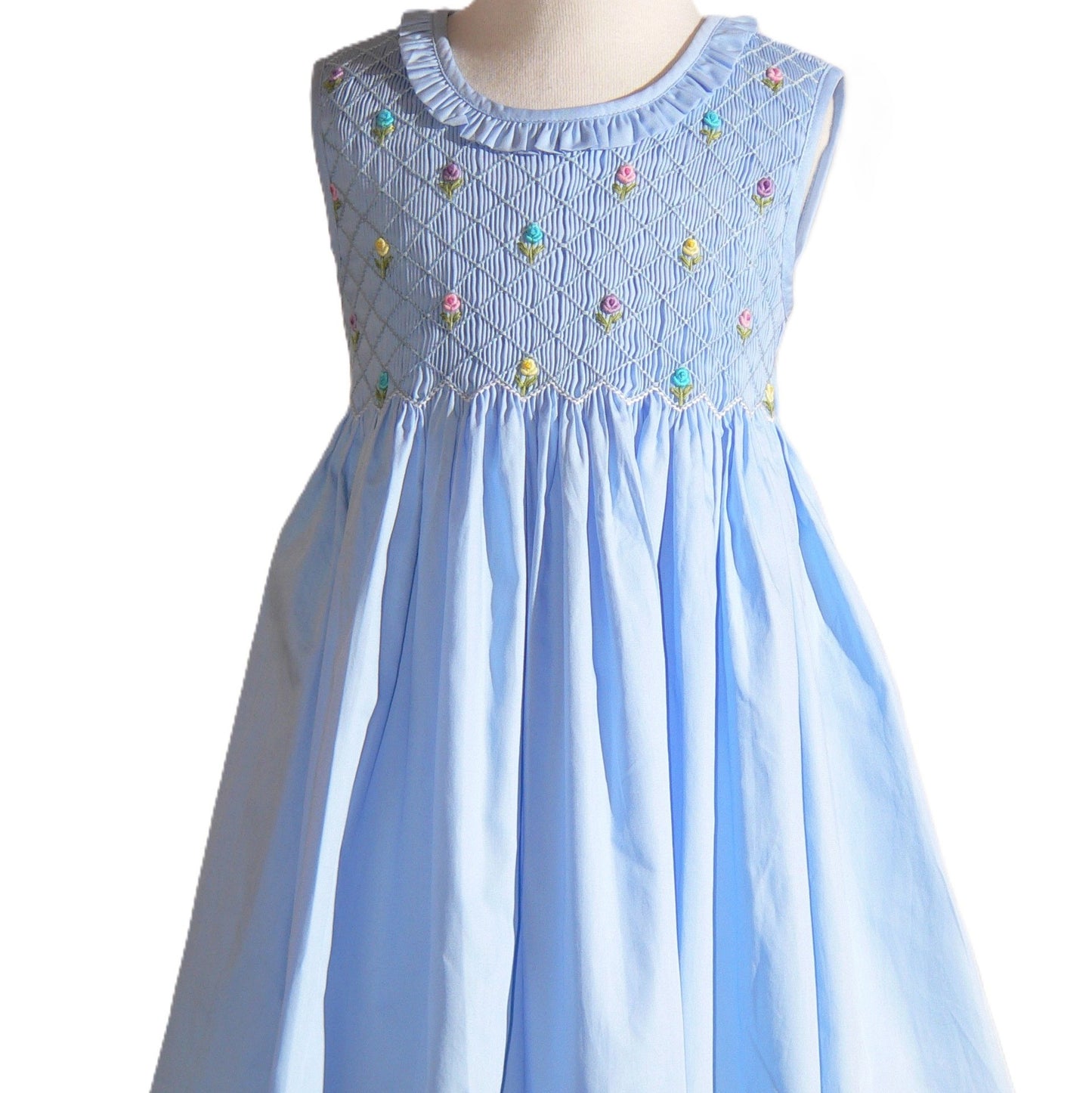 Blue Geometric Smocked with Multi Flowers Sleeveless Dress