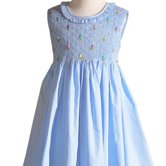 Blue Geometric Smocked with Multi Flowers Sleeveless Dress