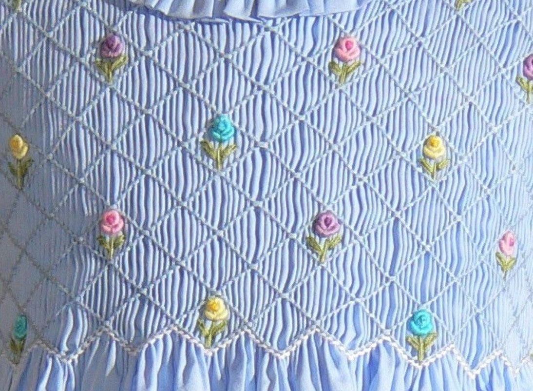 Blue Geometric Smocked with Multi Flowers Sleeveless Dress