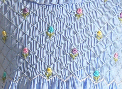 Blue Geometric Smocked with Multi Flowers Sleeveless Dress