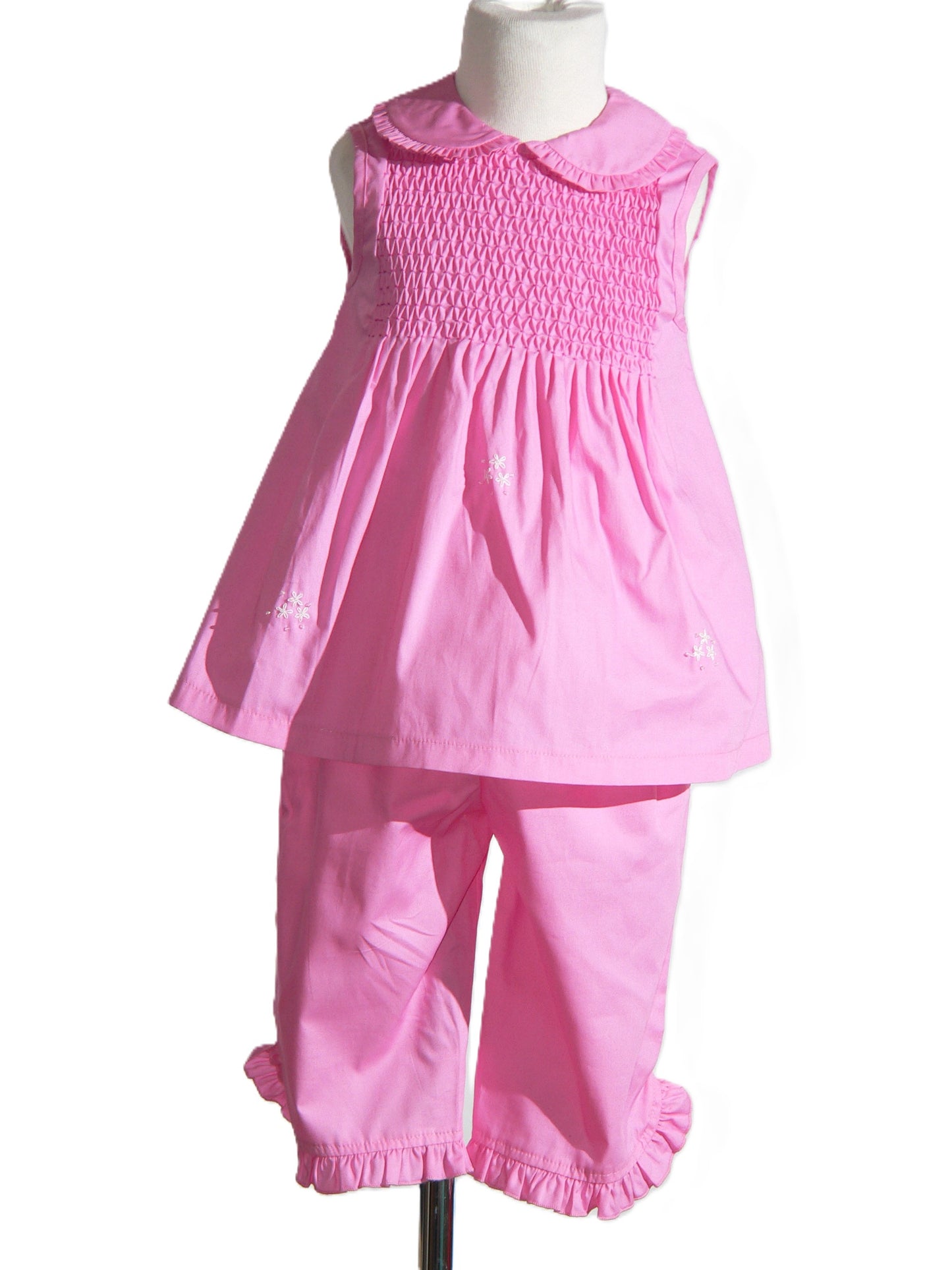 Pink Geometric Smocked Sleeveless Top and Ruffle Pants Set